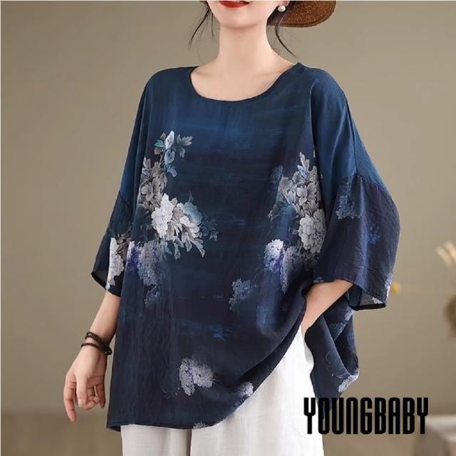 【YOUNGBABY】圓領花朵印染蝴蝶袖棉麻上衣