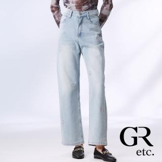 【GLORY21】網路獨賣款-etc.山茶花燙鑽修身單寧寬褲(藍色)