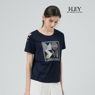 【ILEY 伊蕾】珠飾印花露肩絲光棉上衣(深藍；M-3L；1252181221)