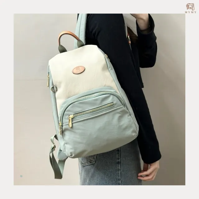 【MYMY】雙側拉鍊防盜後背包 灰綠色(防水包 尼龍/後背/防盜/防潑水/布包/後開式)