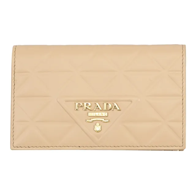 【PRADA 普拉達】經典浮雕三角LOGO皮革格紋多卡對折中夾(沙色)