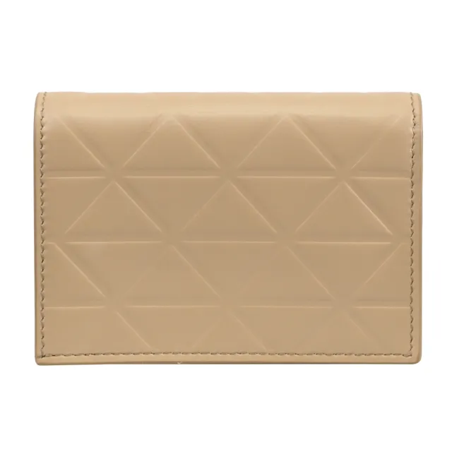 【PRADA 普拉達】經典浮雕三角LOGO皮革格紋對折零錢短夾(沙色)