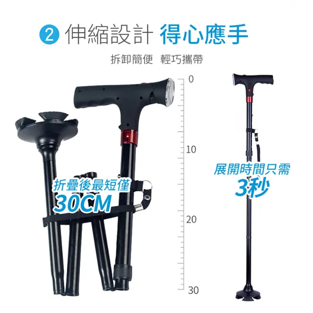 【帕格尼尼】警報音求助鋁合金伸縮折疊小四腳登山杖 帶燈柺杖(老人柺杖 助行拐杖 手杖)