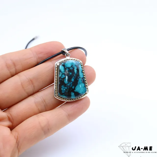 【JA-ME】天然綠松石土耳其石 高磁藍水草紋無事牌925純銀項鍊 11.5克(年終慶/雙12/聖誕節/現貨/僅此一件)