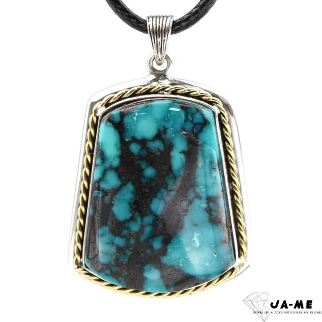 【JA-ME】天然綠松石土耳其石 高磁藍水草紋無事牌925純銀項鍊 11.5克(年終慶/雙12/聖誕節/現貨/僅此一件)