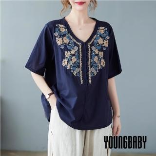 【YOUNGBABY】民俗風花朵刺繡V領上衣(共2色)