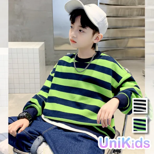 【UniKids】現貨 中大童裝長袖大學T恤 撞色條紋上衣 男大童裝女大童裝 VPWY22055(綠)