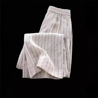 【米蘭精品】現貨+預購 寬管褲休閒長褲(直筒條紋顯瘦棉麻女褲子74km21)