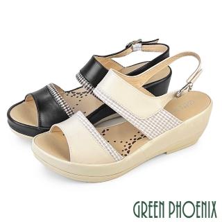 【GREEN PHOENIX 波兒德】女鞋 涼鞋 厚底涼鞋 楔型涼鞋 輕量 真皮 千鳥紋 臺灣製(米色、黑色)