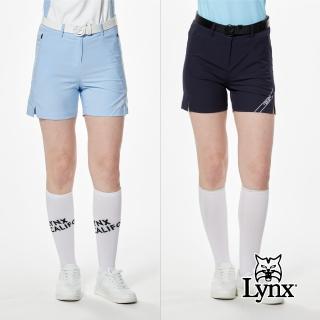 【Lynx Golf】首爾高桿風格！女款壓紋織帶剪接後腰印花造型隱形拉鍊口袋開杈設計運動短褲(二色)