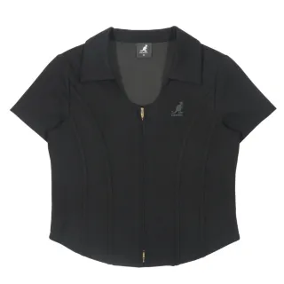 【KANGOL】母親節禮物 短T 黑色 修身 低領 拉鍊上衣 女(6522100420)