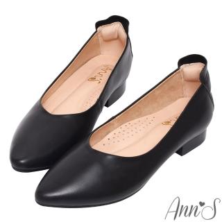 【Ann’S】好穿大全配-頂級全真皮澎軟耐站久走必備平底尖頭包鞋2cm(黑)
