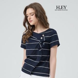 【ILEY 伊蕾】撞色條紋不對稱絲光綿上衣(深藍；M-2L；1252161205)