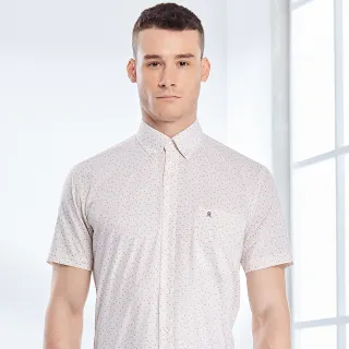 【MONTAGUT 夢特嬌】冬日優惠 領釘釦  親膚合身免燙 奶茶色黑圖紋 551512-01(短袖襯衫)