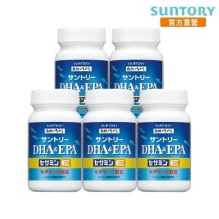 【Suntory 三得利官方直營】魚油 DHA＆EPA+芝麻明E 120顆x5罐組(DHA&EPA、芝麻明、維生素E、維生素D)