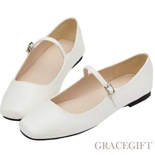 【Grace Gift】氣質甜心方頭平底瑪莉珍鞋(白)