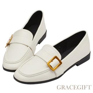 【Grace Gift】紳士金屬皮帶扣方頭平底樂福鞋(米白)