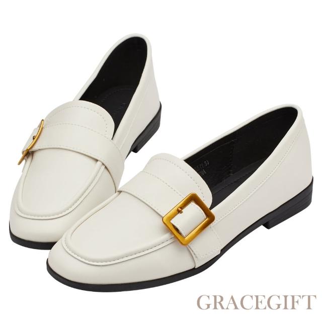 【Grace Gift】紳士金屬皮帶扣方頭平底樂福鞋(米白)