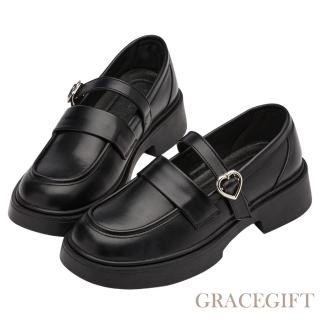 【Grace Gift】圓頭愛心飾釦瑪莉珍樂福鞋(黑)