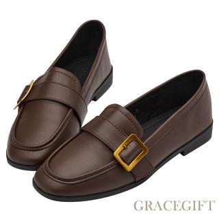 【Grace Gift】紳士金屬皮帶扣方頭平底樂福鞋(咖)