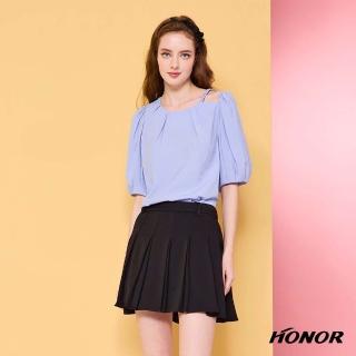 【HONOR 山形屋】時尚不對稱細肩帶抽褶五分袖上衣-藍