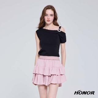 【HONOR 山形屋】時尚斜領不對稱方釦設計上衣-黑/粉