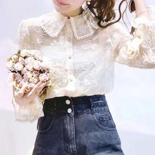 【BBHONEY】復古網紗喇叭袖蕾絲衫上衣附背心(韓風二件式襯衫)