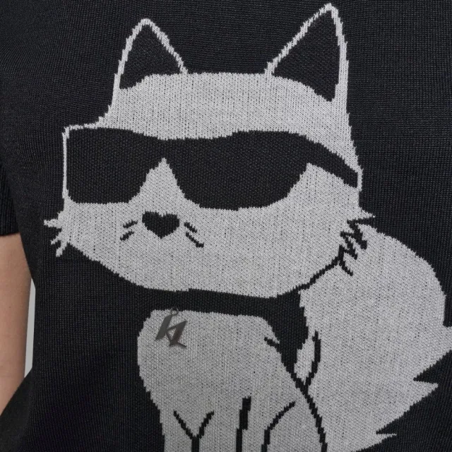 【KARL LAGERFELD 卡爾】NFT CHOUPETTE側邊珠釦 短袖針織衫 黑(原廠公司貨)