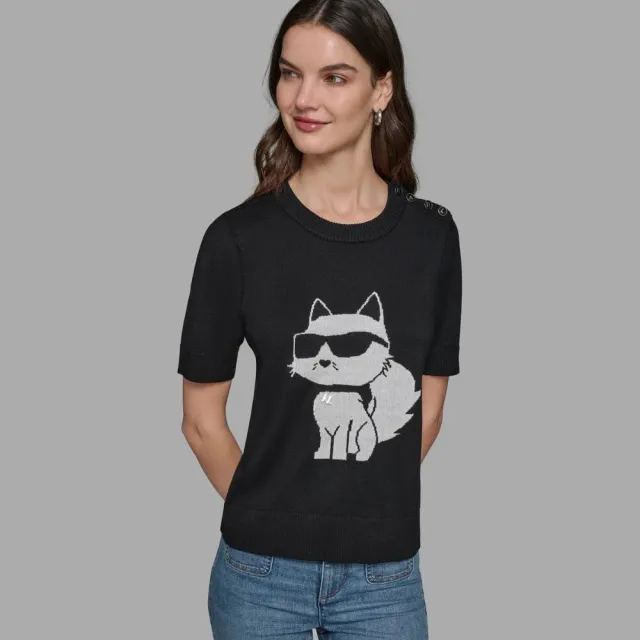 【KARL LAGERFELD 卡爾】NFT CHOUPETTE側邊珠釦 短袖針織衫 黑(原廠公司貨)