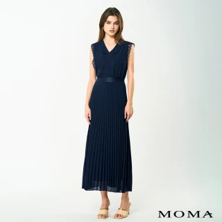【MOMA】海軍藍優雅蕾絲百褶長洋裝(深藍色)