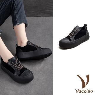 【Vecchio】真皮休閒鞋 厚底休閒鞋/全真皮頭層牛皮異材質拼接餅乾厚底繫帶休閒鞋(黑)