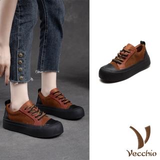 【Vecchio】真皮休閒鞋 厚底休閒鞋/全真皮頭層牛皮異材質拼接餅乾厚底繫帶休閒鞋(棕)