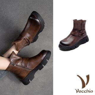 【Vecchio】真皮短靴 厚底短靴/全真皮頭層牛皮復古縫線抓褶厚底短靴(咖)