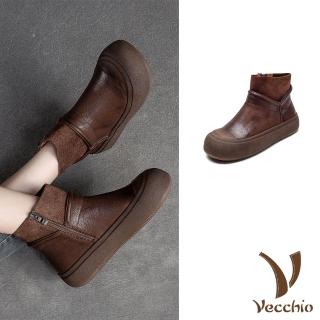 【Vecchio】真皮短靴 厚底短靴/全真皮頭層牛皮經典異材質拼接個性厚底短靴(棕)