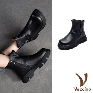 【Vecchio】真皮短靴 厚底短靴/全真皮頭層牛皮復古縫線抓褶厚底短靴(黑)