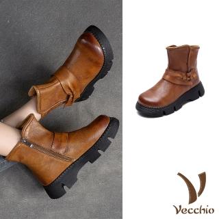 【Vecchio】真皮短靴 厚底短靴/全真皮頭層牛皮復古縫線抓褶厚底短靴(棕)