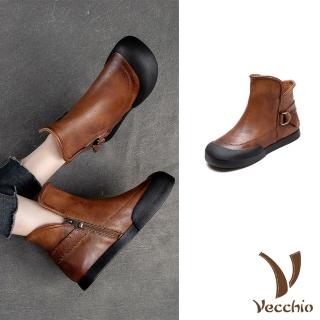 【Vecchio】真皮短靴 平底短靴/全真皮頭層牛皮金屬釦飾帶護趾設計平底短靴(棕)