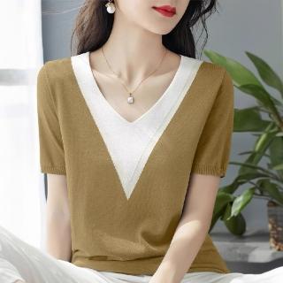 【LANNI 藍尼】★法式V領撞色針織上衣(女裝/百搭/T恤)