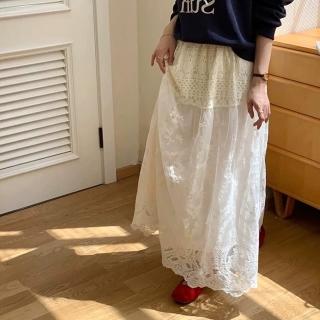 【米蘭精品】現貨+預購 女半身裙A字裙網紗裙中長裙百褶裙子大碼洋裝休閒大尺碼女裝(白色蕾絲花邊74km52)