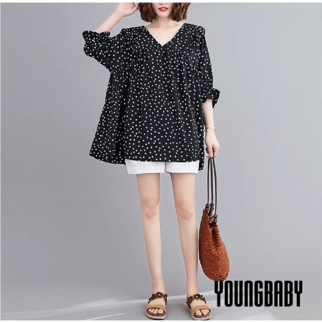 【YOUNGBABY】V領木耳花邊點點雪紡上衣(黑)