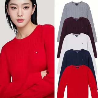【Tommy Hilfiger】TOMMY 經典圓領刺繡小LOGO麻花針織毛衣 上衣-女-多色組合(平輸品/保暖舒適)