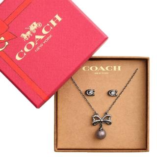 【COACH】經典 三節式 水鑽蝴蝶結墜飾 C LOGO 項鍊/耳環 禮盒(優雅銀)