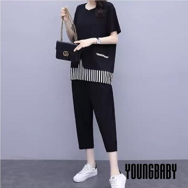 【YOUNGBABY】下襬拼接直紋上衣+七分褲套裝