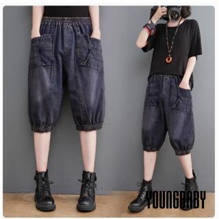 【YOUNGBABY】鬆緊腰橫車線口袋縮口牛仔七分哈倫褲