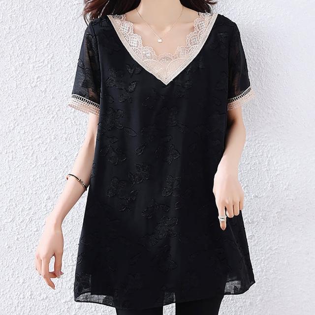【麗質達人】535蕾絲滾邊V領上衣-LY(L-5XL)