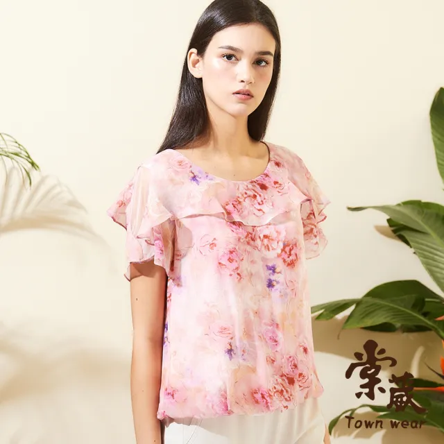 【TOWN’WEAR 棠葳】粉紅花卉雪紡上衣(中大尺碼/女上衣/女上著/短袖/透膚/滿版/印花/飄逸)