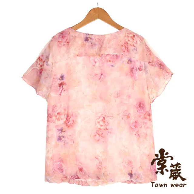 【TOWN’WEAR 棠葳】粉紅花卉雪紡上衣(中大尺碼/女上衣/女上著/短袖/透膚/滿版/印花/飄逸)