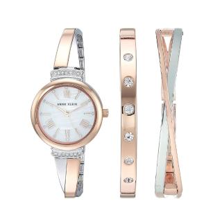 【ANNE KLEIN】時尚閃耀水晶手環x手錶腕錶三件組(玫瑰金色)