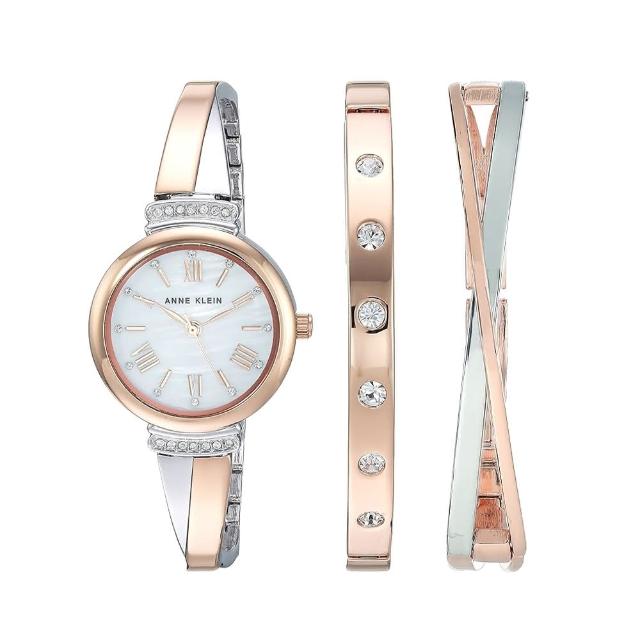 【ANNE KLEIN】時尚閃耀水晶手環x手錶腕錶三件組(玫瑰金色)