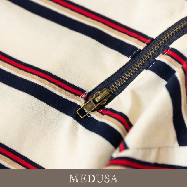 【MEDUSA 曼度莎】現貨-台灣製 海軍風條紋拉鍊寬鬆T恤（M-XL）｜女短袖T恤 女休閒上衣 條紋T恤(601-5150A)